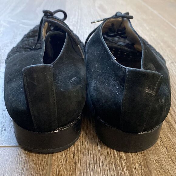 Vintage Via Spiga Black Suede Basket Weave Lace up Pointed Toe Oxford Loafers - Picture 3 of 7